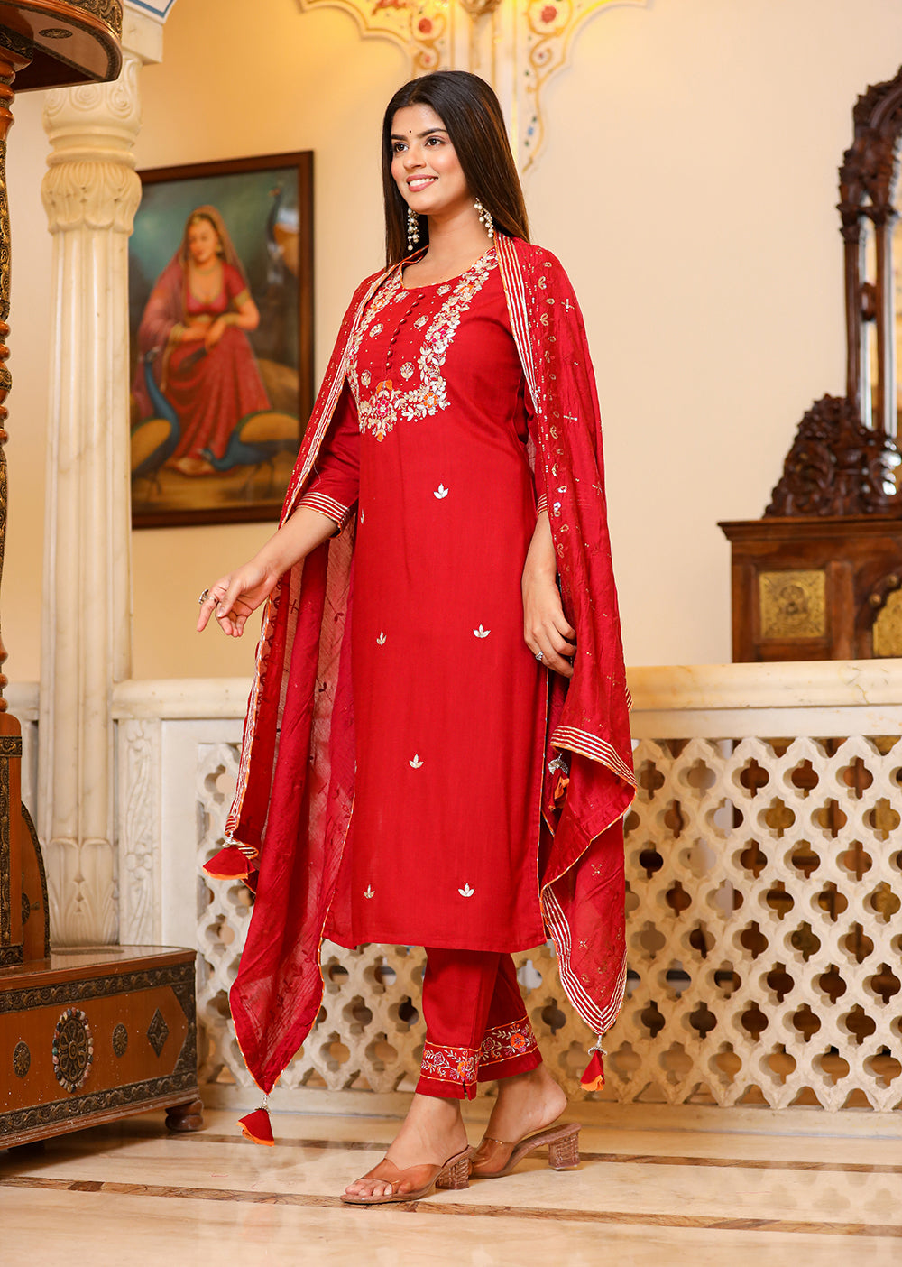 Kaajh Women's Red Rayon Embroidered Kurta Pant Set With Dupatta