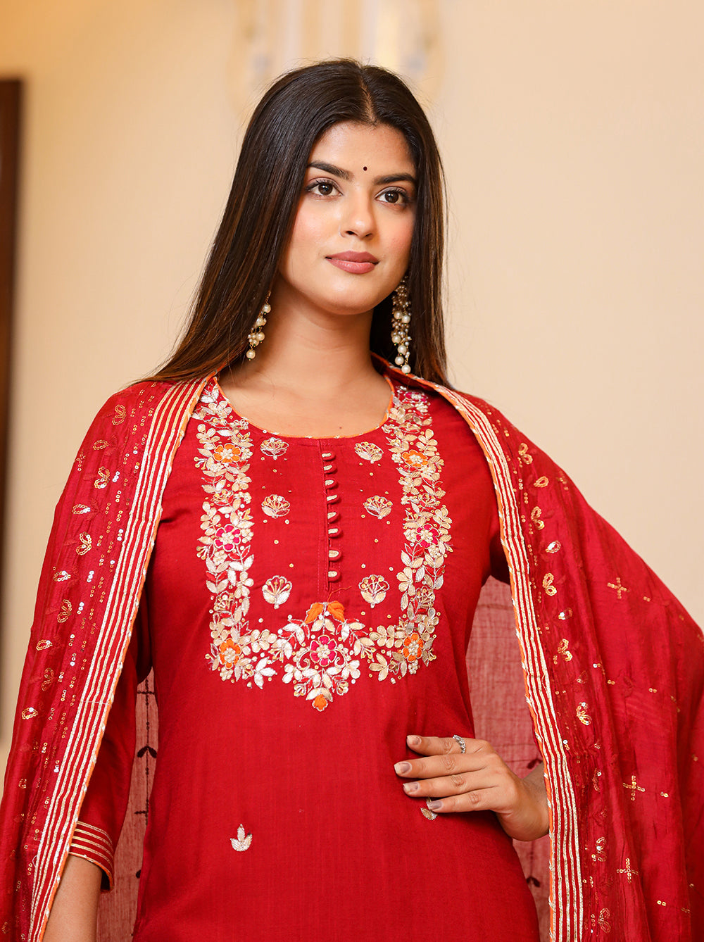 Kaajh Women's Red Rayon Embroidered Kurta Pant Set With Dupatta