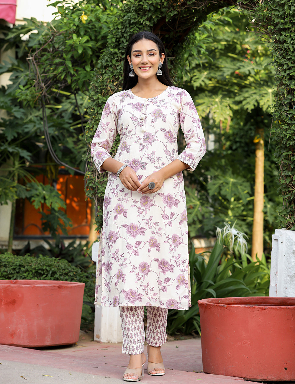 Kaajh Women's Light Purple Floral Print Cotton Kurta Pant Set With Dupatta