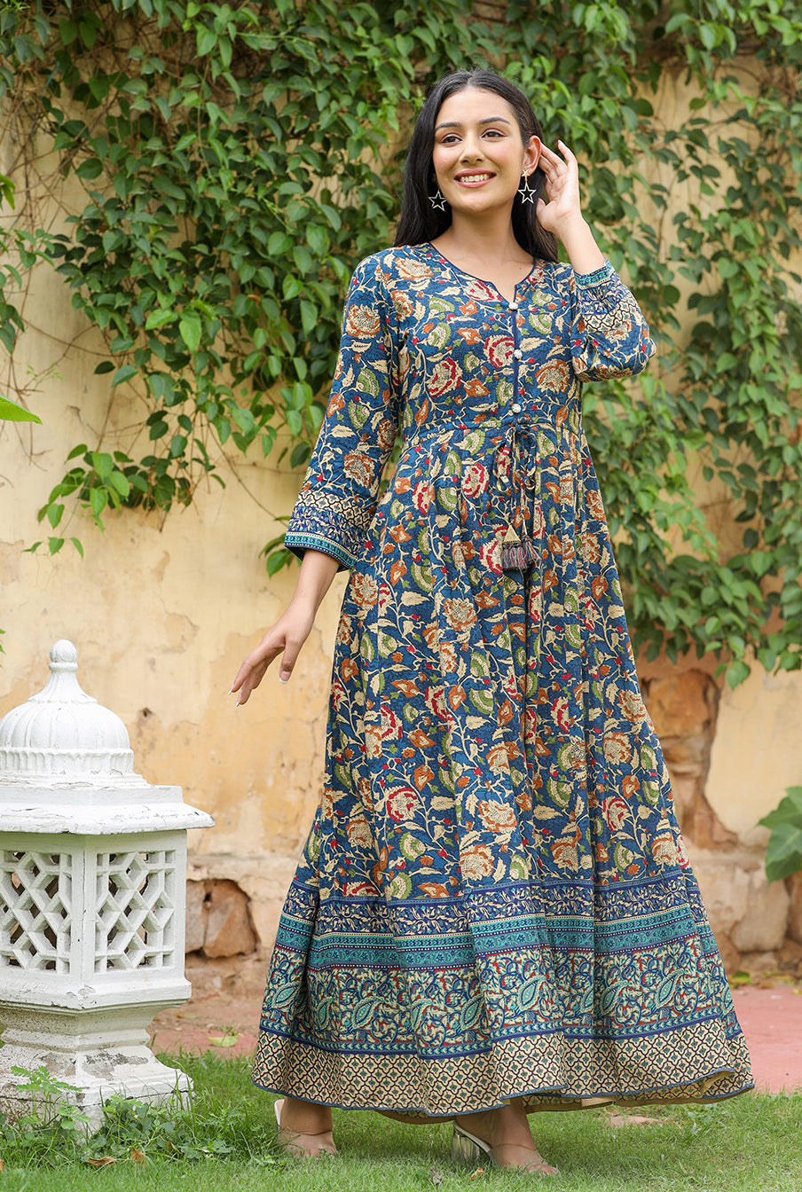 Kaajh Women's Blue Kalamkari Print Viscose Rayon Cord Set