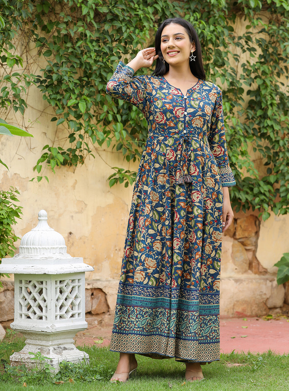 Kaajh Women's Blue Kalamkari Print Viscose Rayon Cord Set