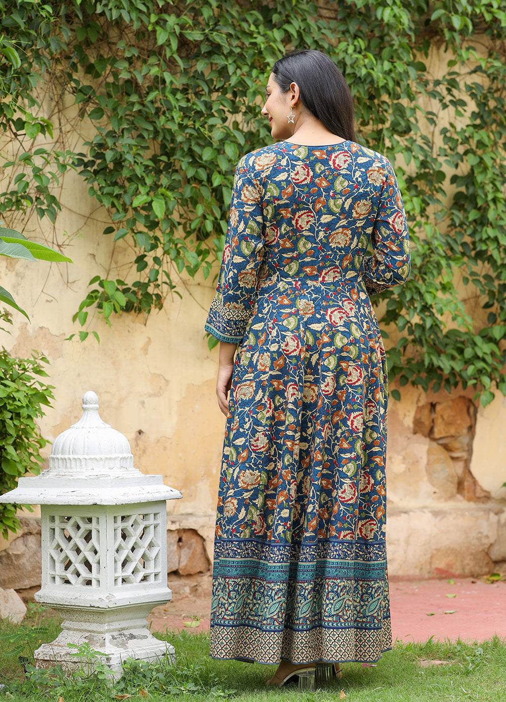 Kaajh Women's Blue Kalamkari Print Viscose Rayon Anarkali Dress