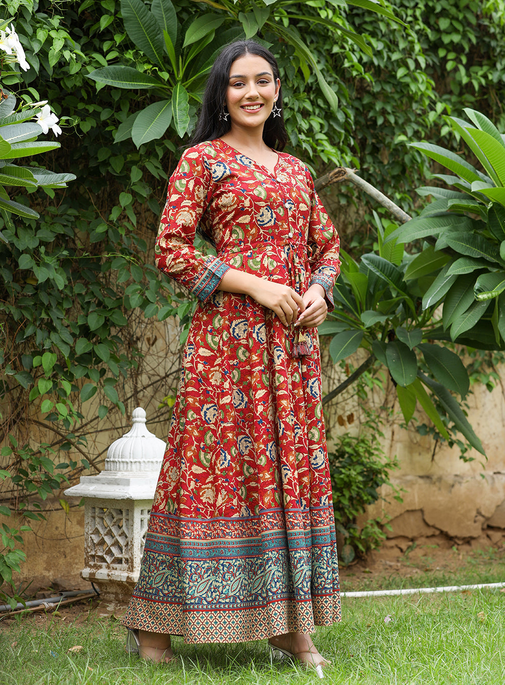Kaajh Women's Maroon Kalamkari Print Viscose Rayon Anarkali Dress