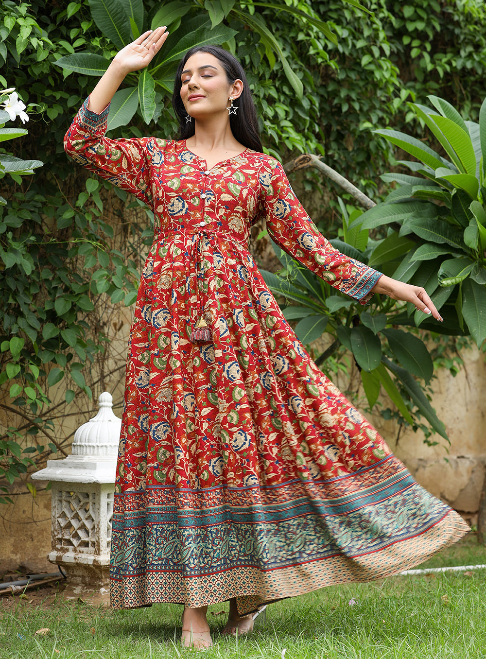 Kaajh Women's Maroon Kalamkari Print Viscose Rayon Anarkali Dress