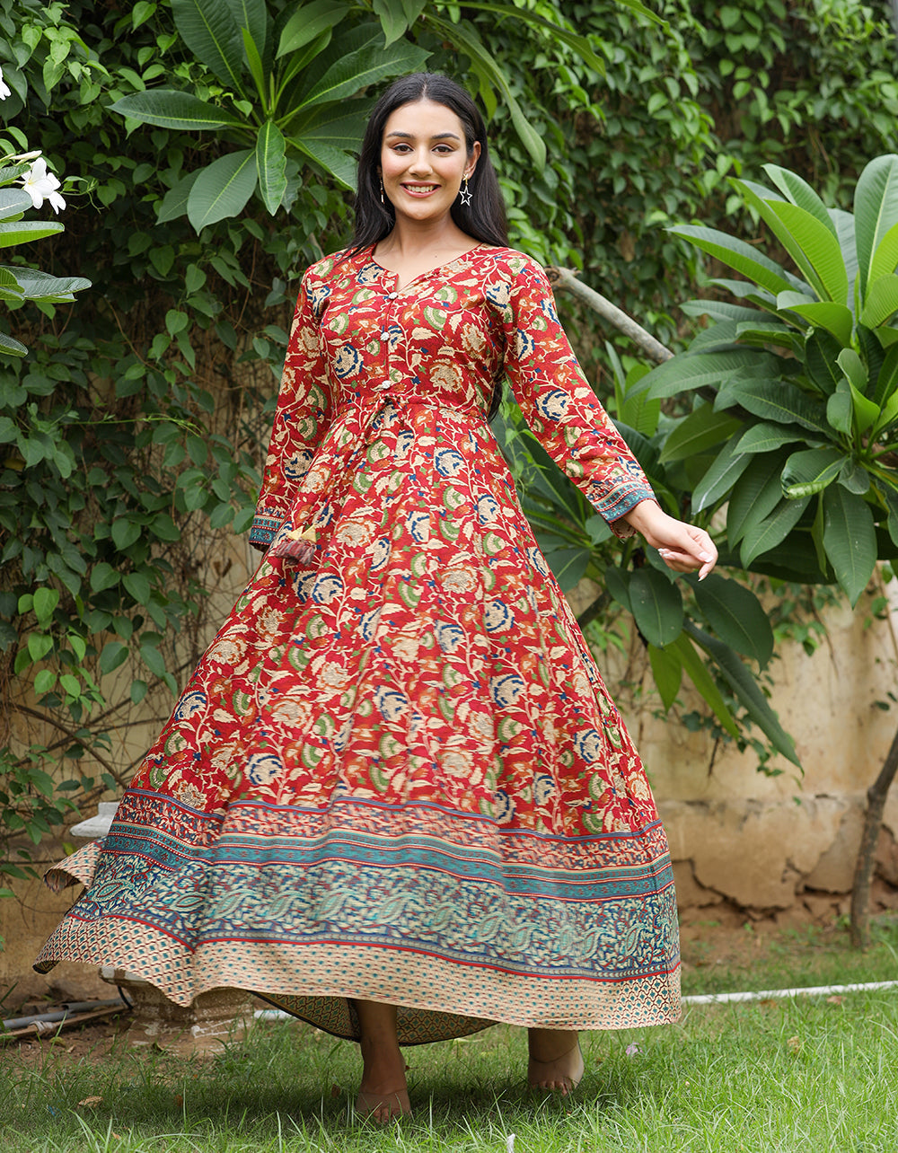 Kaajh Women's Maroon Kalamkari Print Viscose Rayon Anarkali Dress