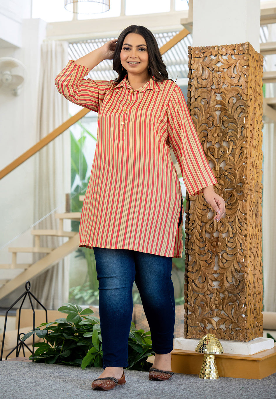 Kaajh Women's Pink Striped Viscose Rayon Plus Size Kurta