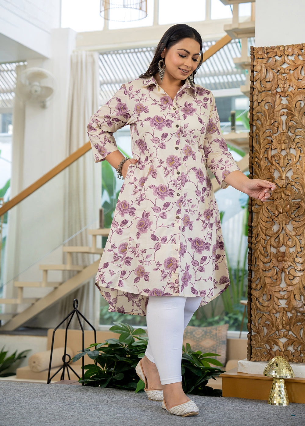 Kaajh Women's Purple Floral Printed Plus Size Cotton Kurta