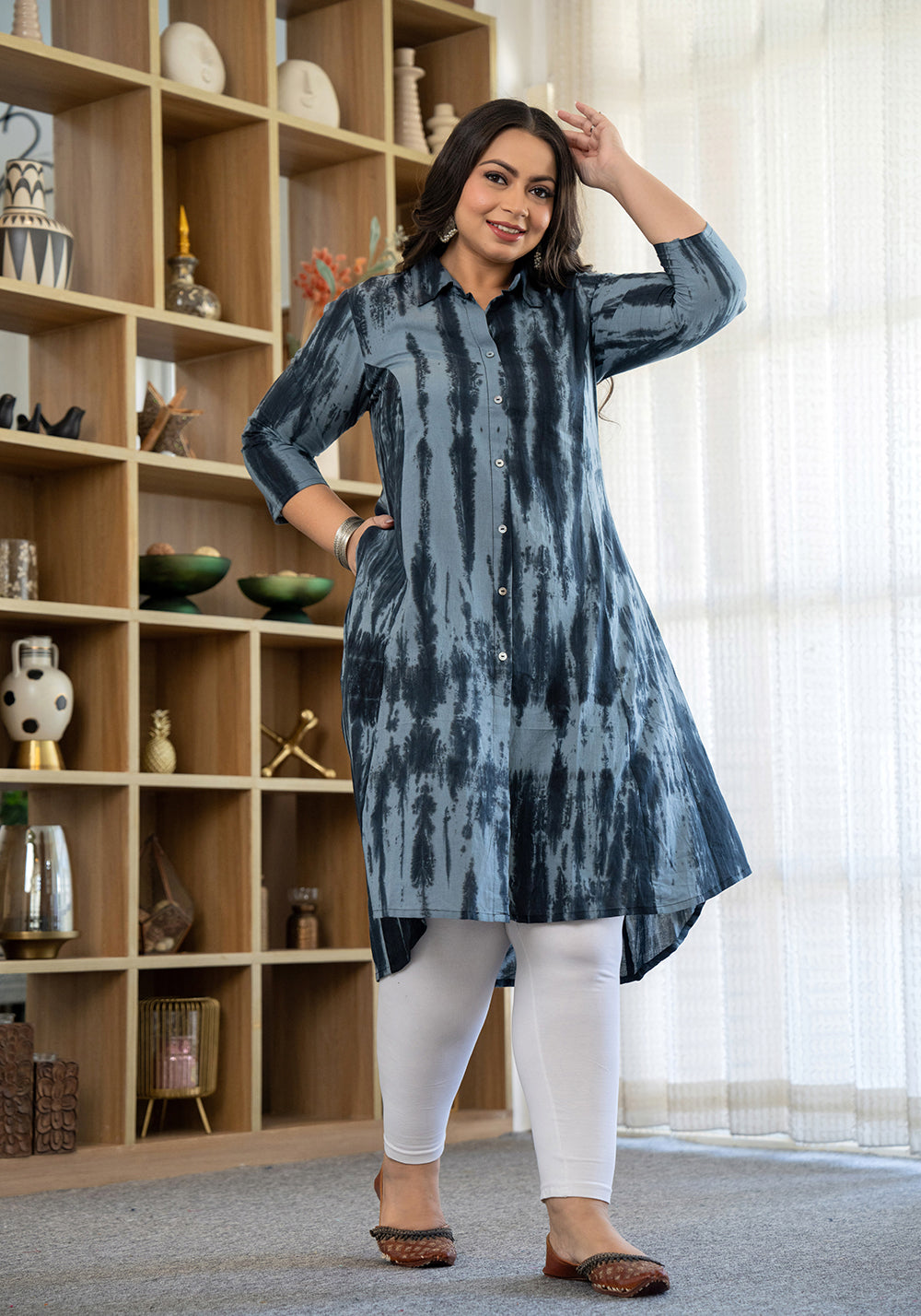 Kaajh Women's Black Tie Dye Printed Plus Size Cotton Kurta