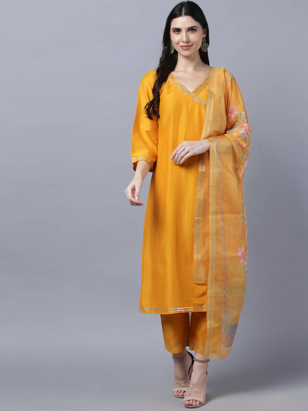 Myshka Stylish Mustard 3/4 Sleeve Women's Kurta Pant with Dupatta Set