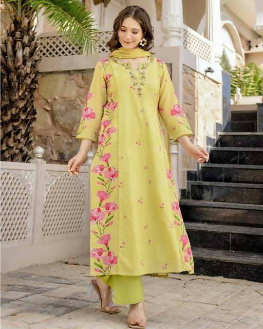 The52 Lemons Women's Beautiful Chanderi Fabric Printed Work Straight Kurta Pant and Dupatta Set | Grab2Buy