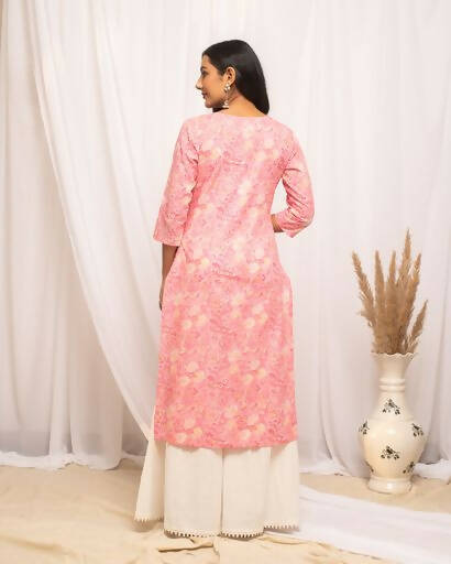 FIORRA Women's Floral Printed Peach Cotton Straight Kurta 