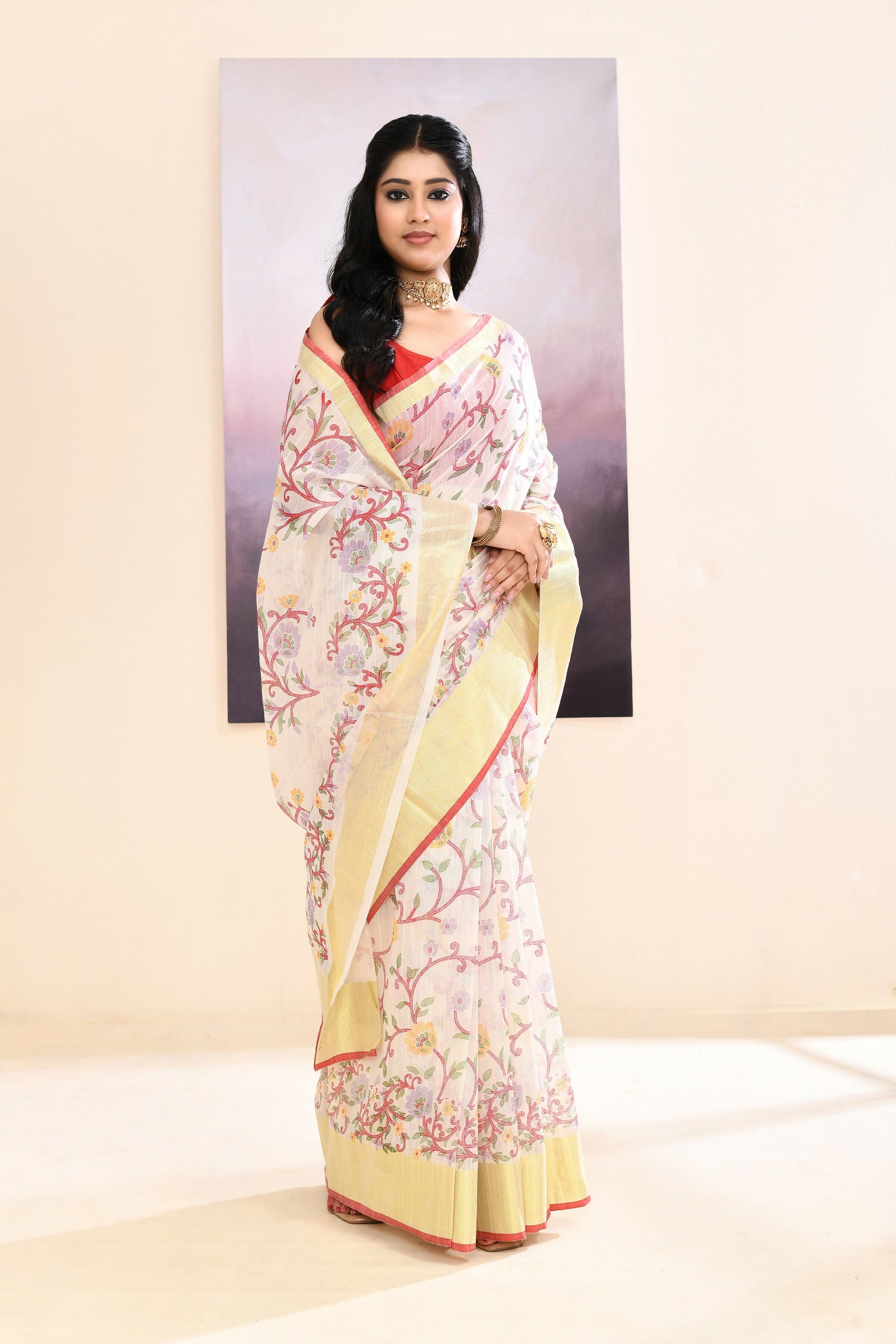 Piyari Fashion Women's White Embellished Cotton Blend Printed Saree