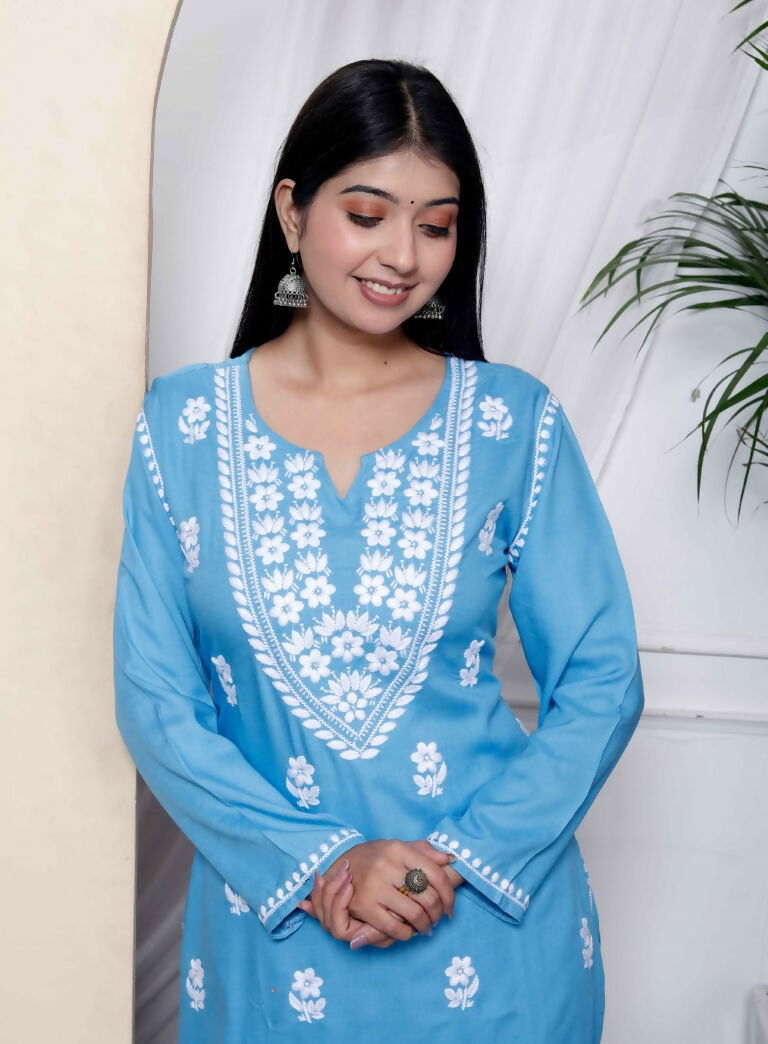 Miravan Women's Chikankari Embroidery Sky Blue Straight Kurta And Palazzo 