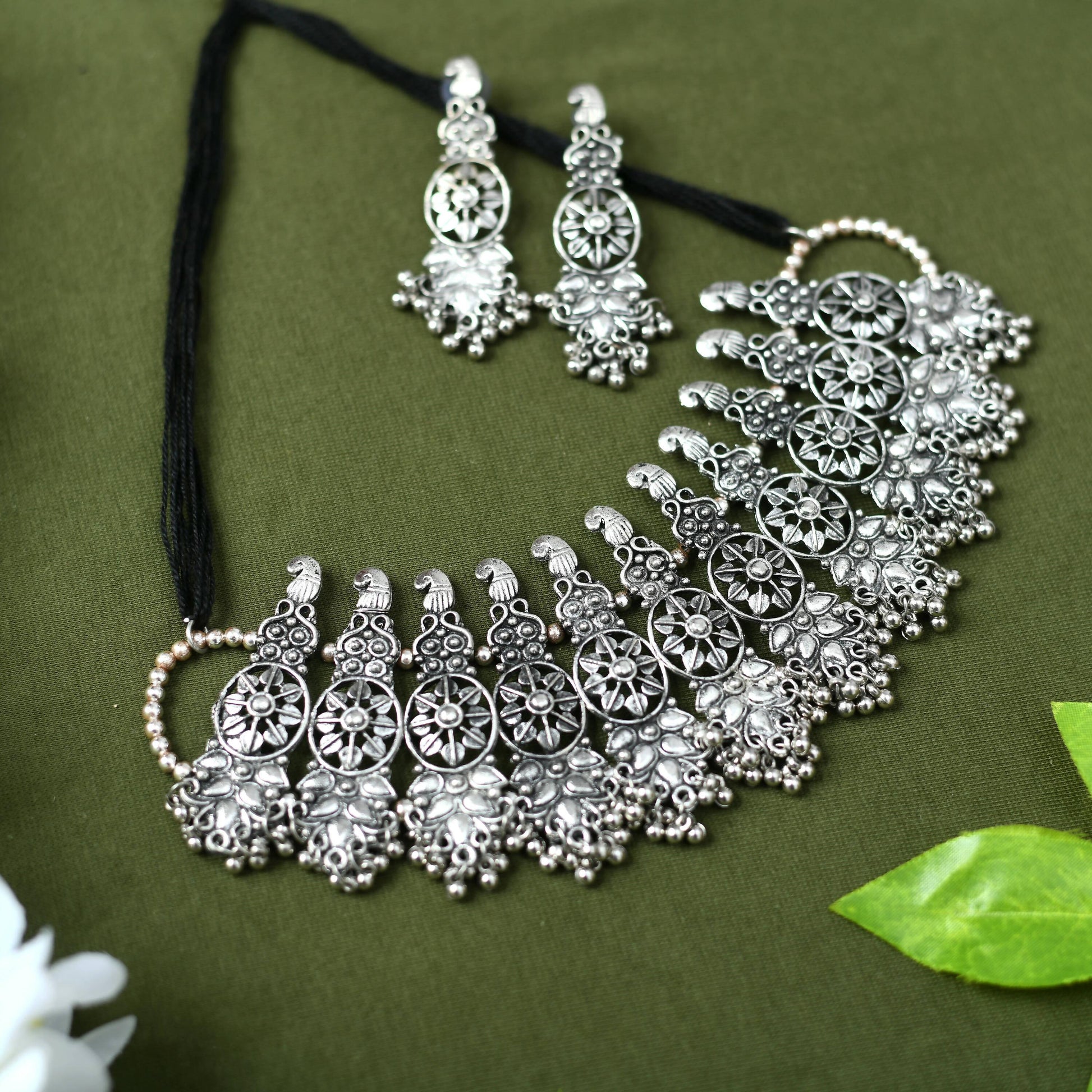 Mominos Fashion Johar Kamal Oxidised Silver-Plated Brass Finish Temple Jewellery with Earrings For Women - Grab2buy