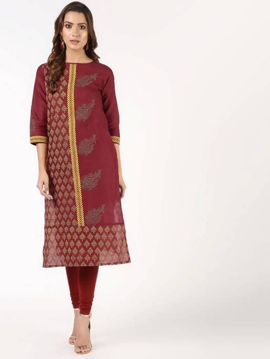 Aniyah Cotton Block Printed Maroon Straight Kurta (AN-141K) | Grab2Buy