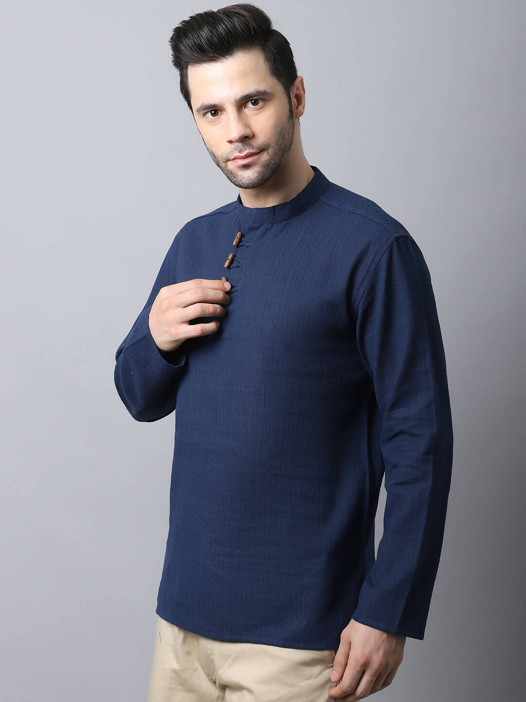 Even Apparels Navy Pure Cotton Men's Kurta With Band Collar 