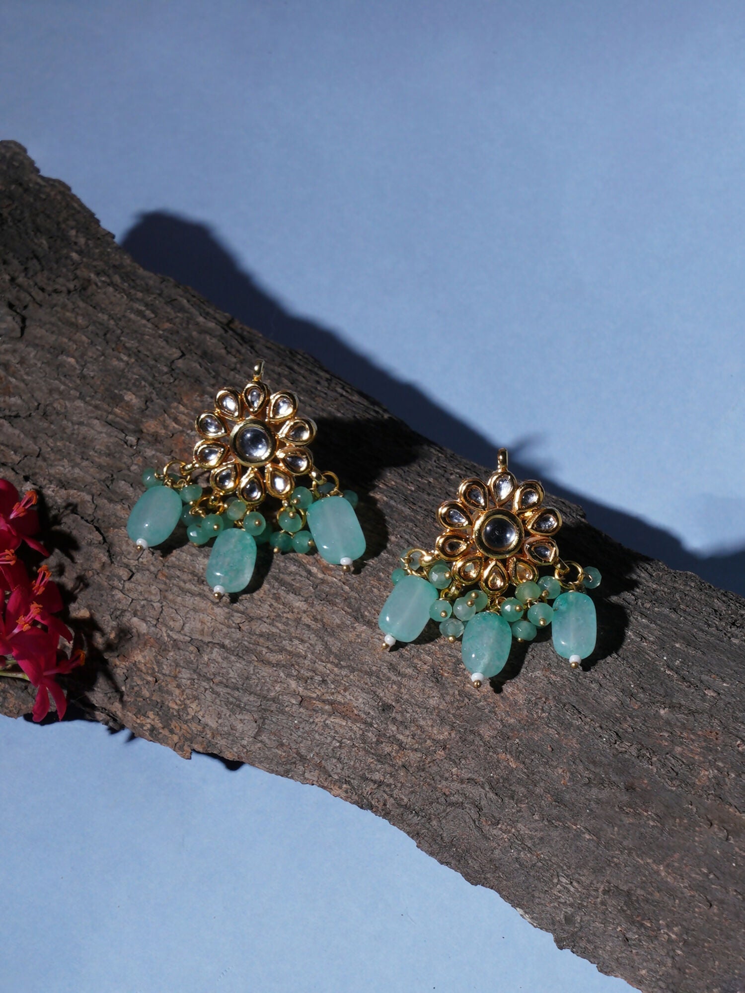 Mint Stone Kundan Earrings (Gold) - Ruby Raang - Grab2buy