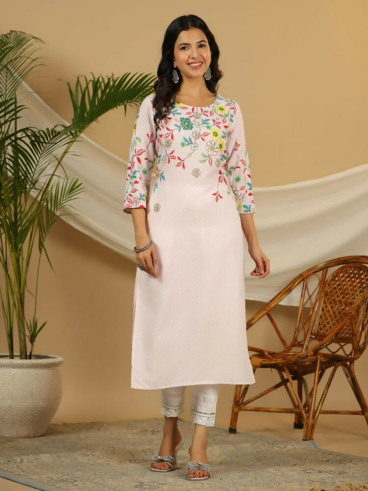 Juniper Pink Floral Printed Rayon Kurta With Sequins & Beads Work
