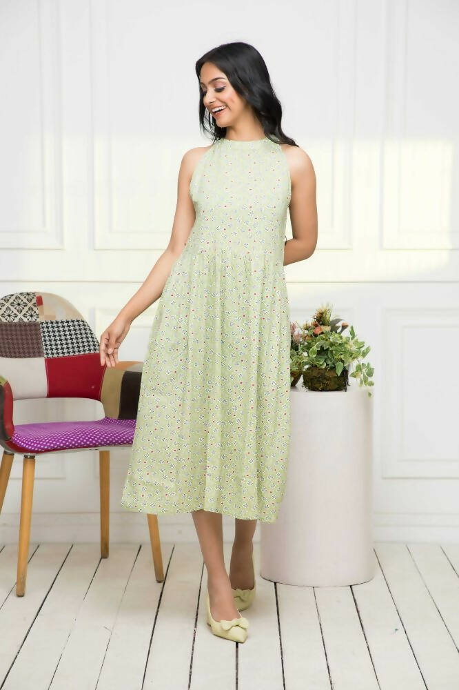 Myshka Women Ethnic Motifs Rayon A-Line Round Neck Green Dress