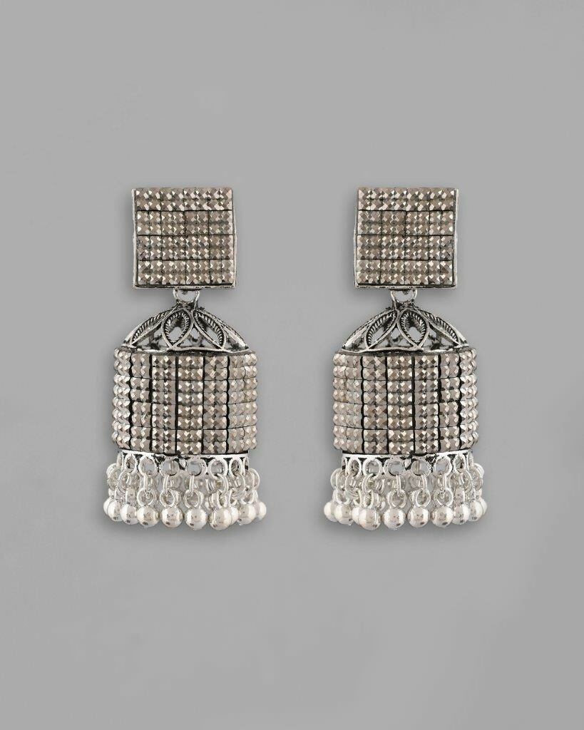 VOJ Black-Toned AD Studded Square Dome Shaped Jhumka Earrings - Grab2buy