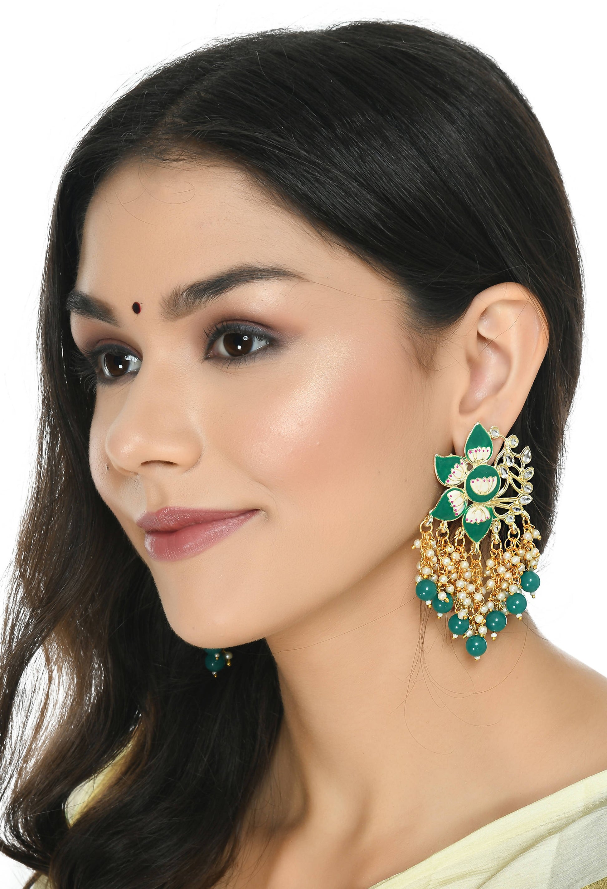 Mominos Fashion Johar Kamal Gold-Plated Kundan Green Meenakari Earrings - Grab2buy