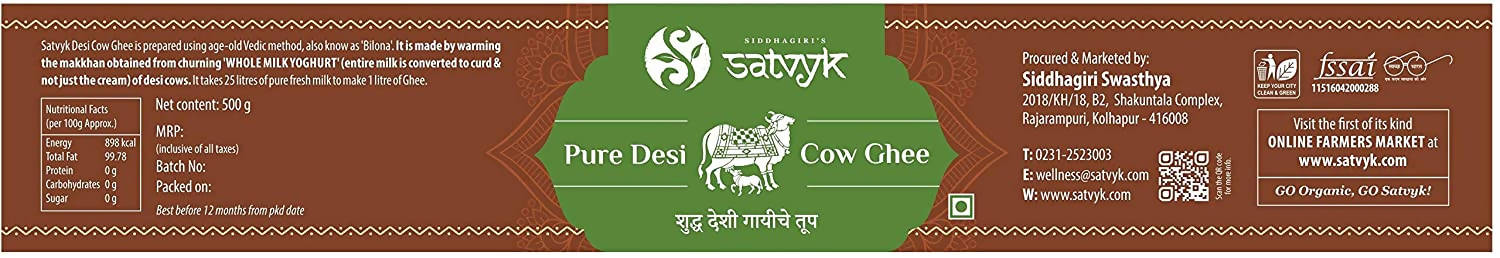 Siddhagiri's Satvyk Organic Pure Desi Cow Ghee | Made with Cow's Milk | Pure organic ghee, traditionally-churned 