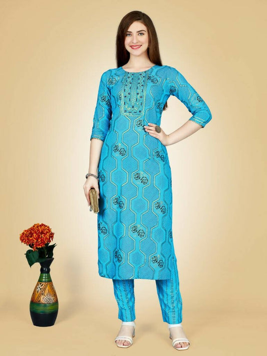 Aastha Fashion Women's Sky Blue Viscose Rayon Embroidered Kurta Pant Set - Grab2buy