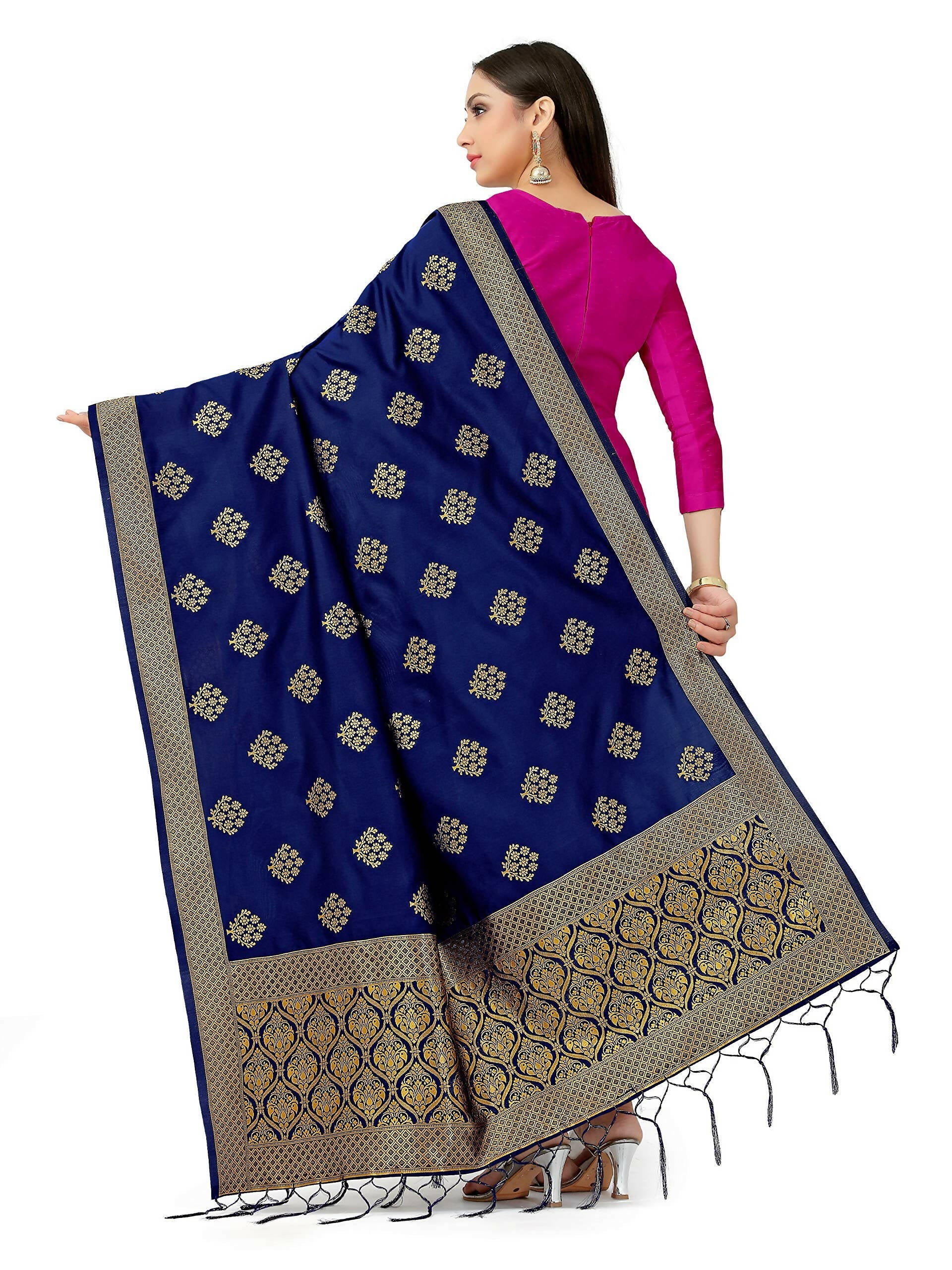 Mimosa Women's Floral Art Silk Navy Blue Dupatta