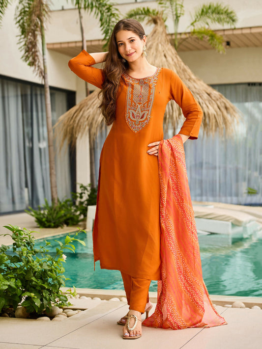 The52 Rust Women's Gorgeous Embroidered work Rayon Fabric Straight Kurta, Pant and Dupatta Set | Grab2Buy