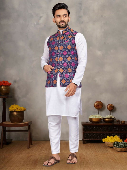 Anaita Navy Cotton Straight Kurta Pajama & Koti With Jequard Work