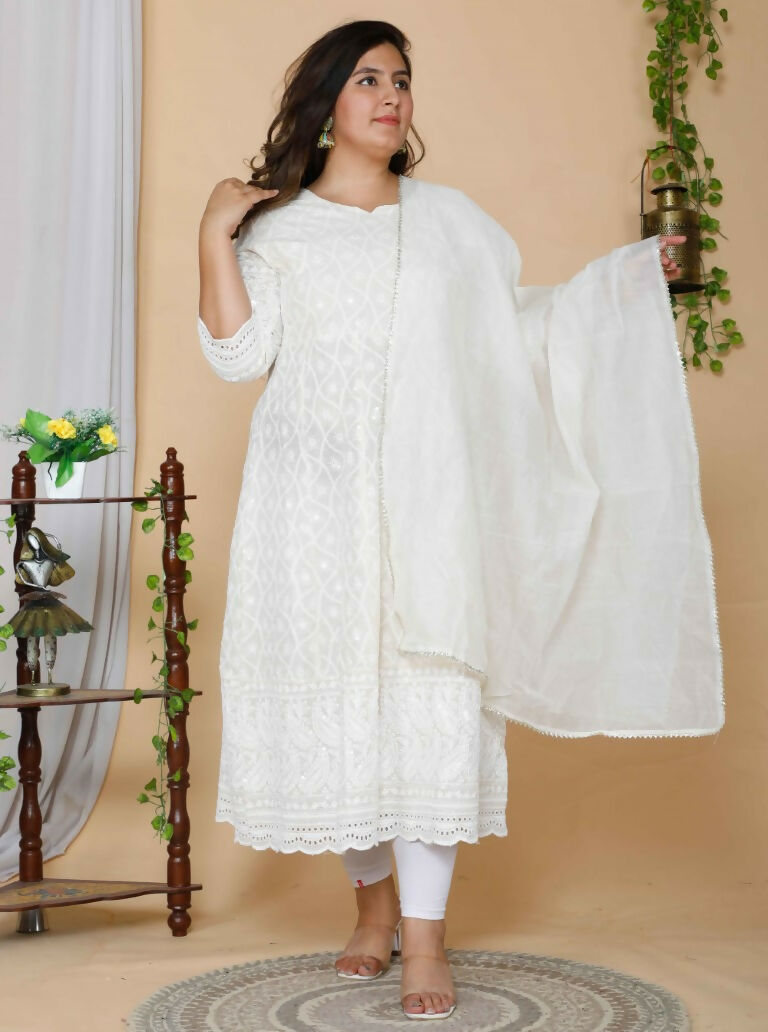 Miravan Women's Plus Size Beige Chikankari Thread Work Anarkali Kurta With Dupatta 