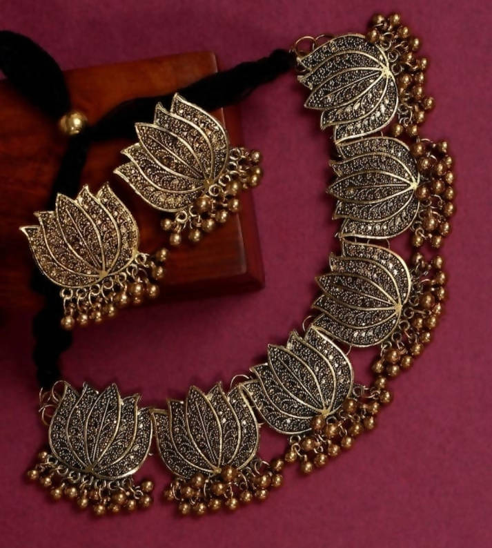 Mominos Fashion Oxidised Lotus Design Golden Color Necklace Choker Set 
