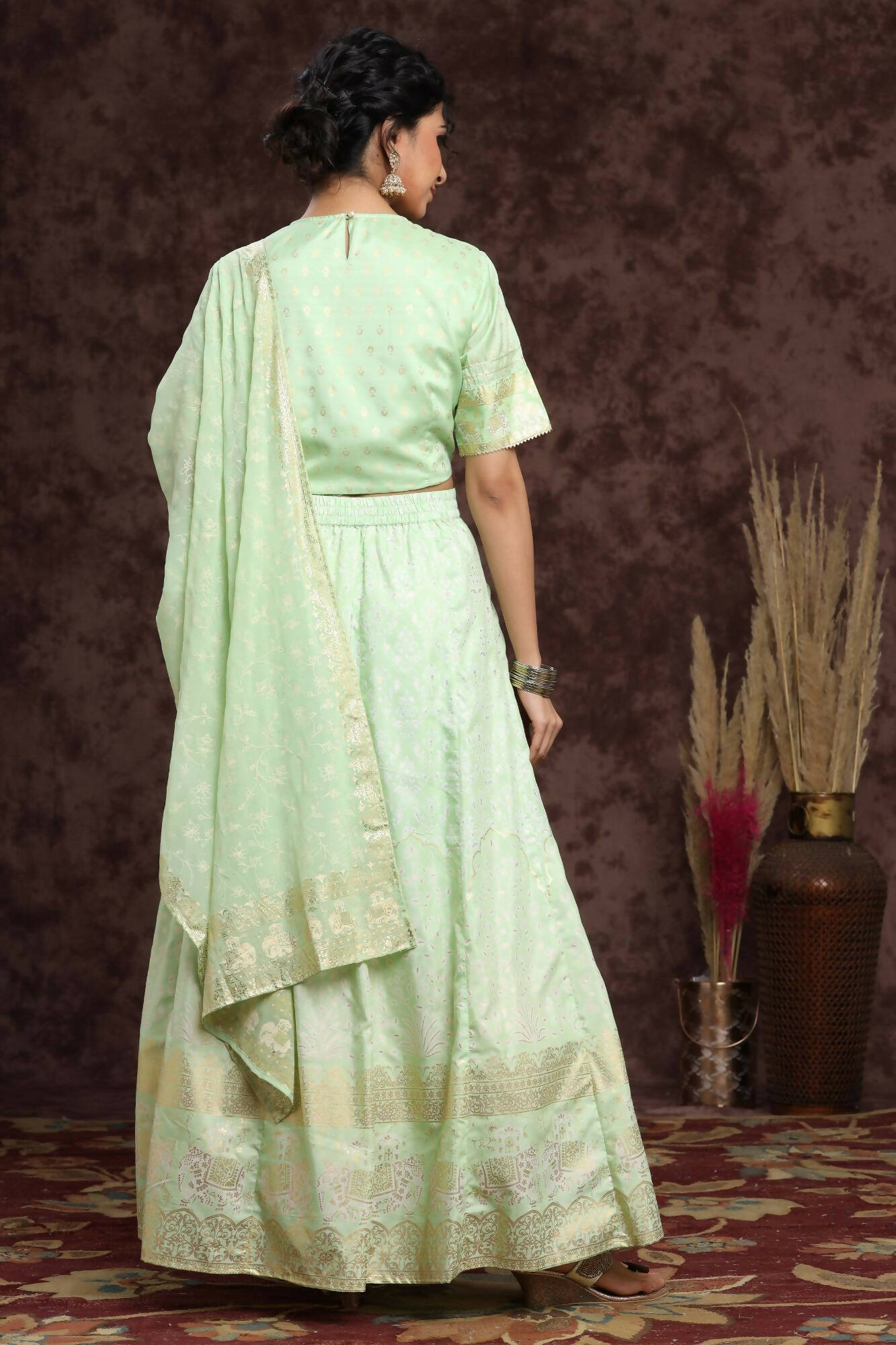 Juniper Women Mint Shantoon Embroidered Flared Lehenga Choli Sets