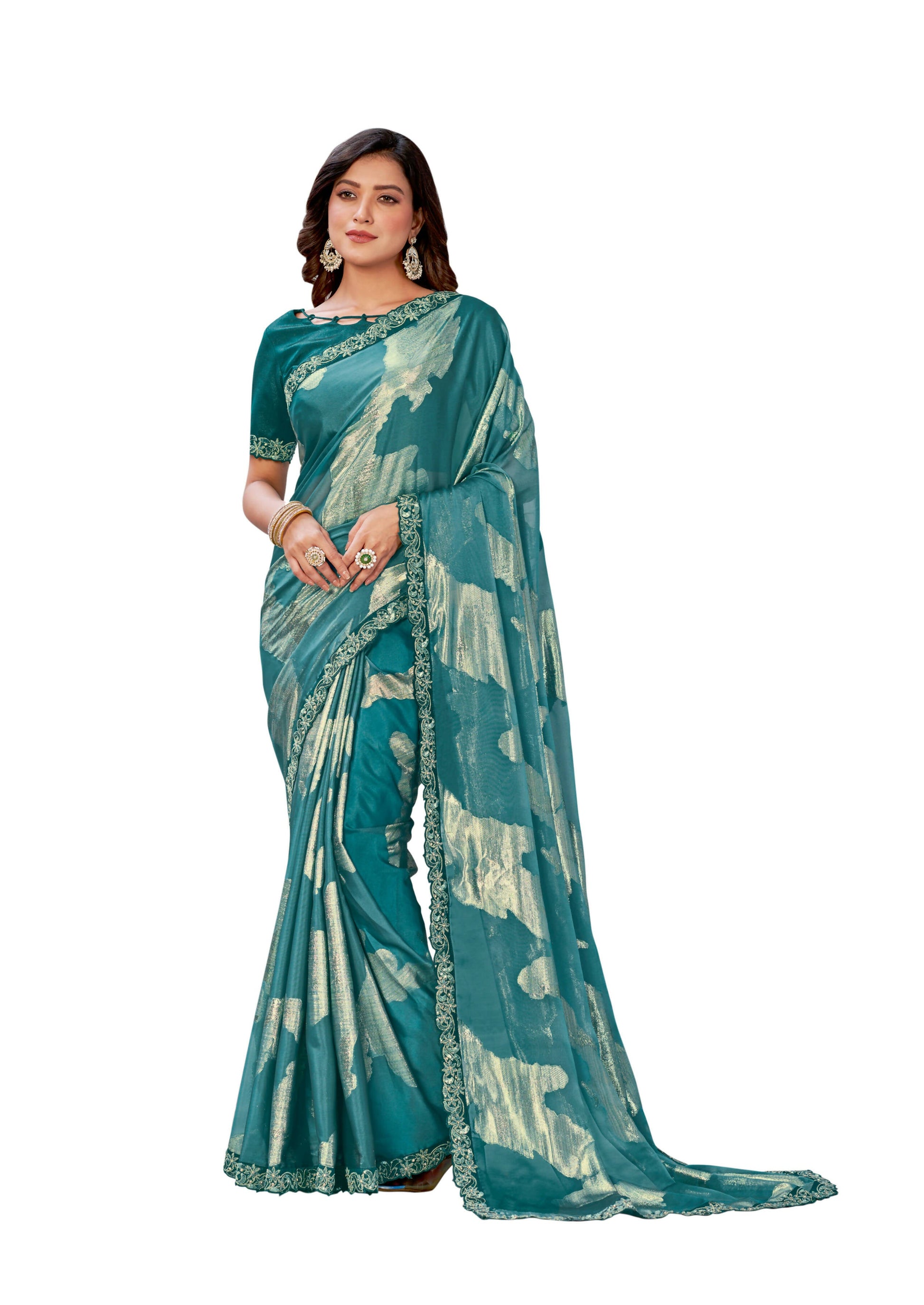 Sea Green Georgette Zari Jacquard Embroidered Border With Stone Work Saree With Unstitched Blouse Piece - Norita Zaina