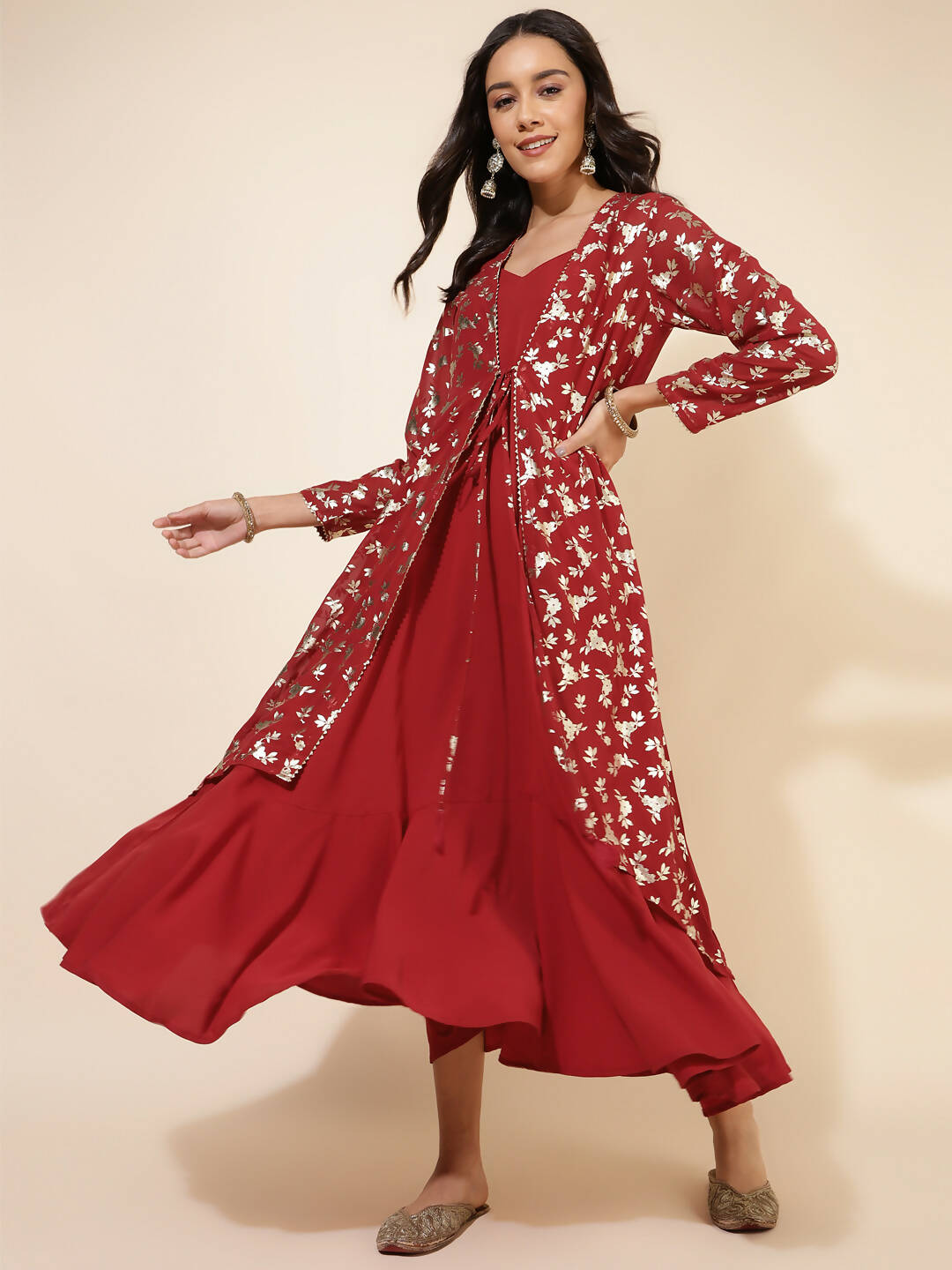 Janasya Women's Red Georgette Foil Printed Festive Flared Dress Set 