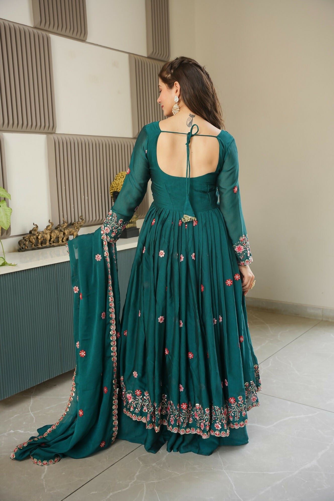 Teeya Creation Rama Color Heavy Crush Silk Wedding Wear Embroidery Work Long Gown