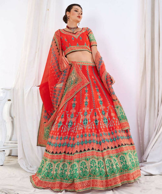 Wedding Designer Red Chinon Lehengha Choli - Anbazaar 