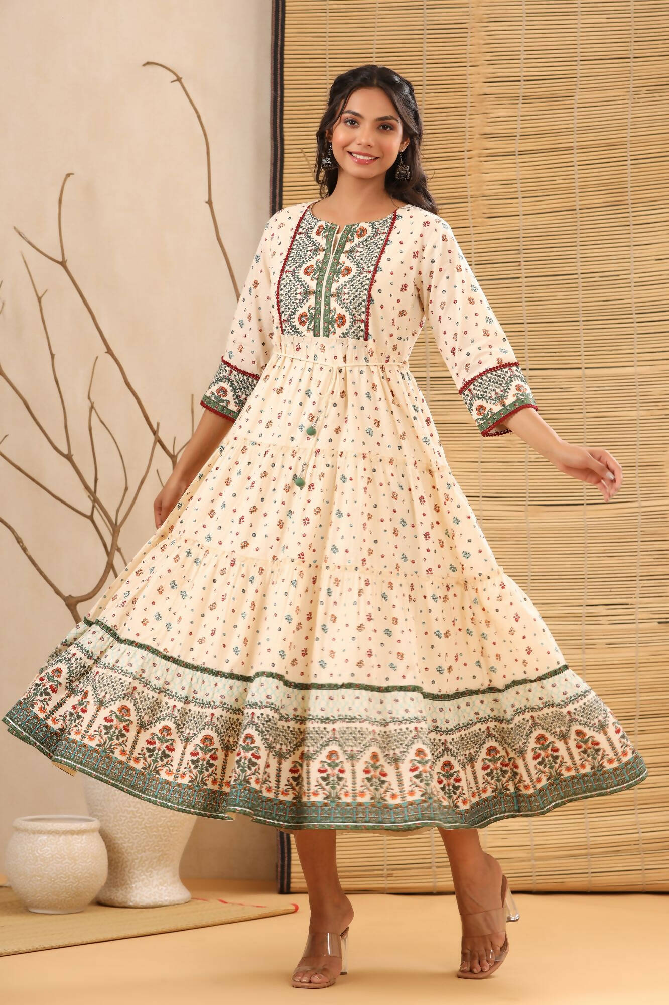 Juniper Women Ivory Cambric Printed Tiered Dress