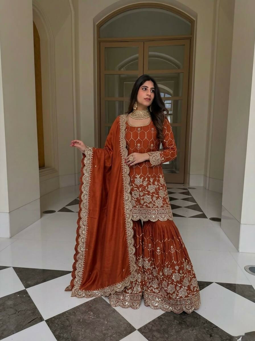 Teeya Creation New Trendy Latest Designer Embroidery Sharara Kurta Set -Orange