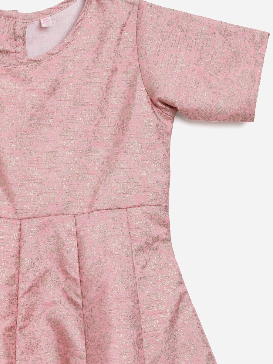 Ahalyaa Pink Poly Silk Gold Print Girl's Kids Dress For Girls | Swadesiicart