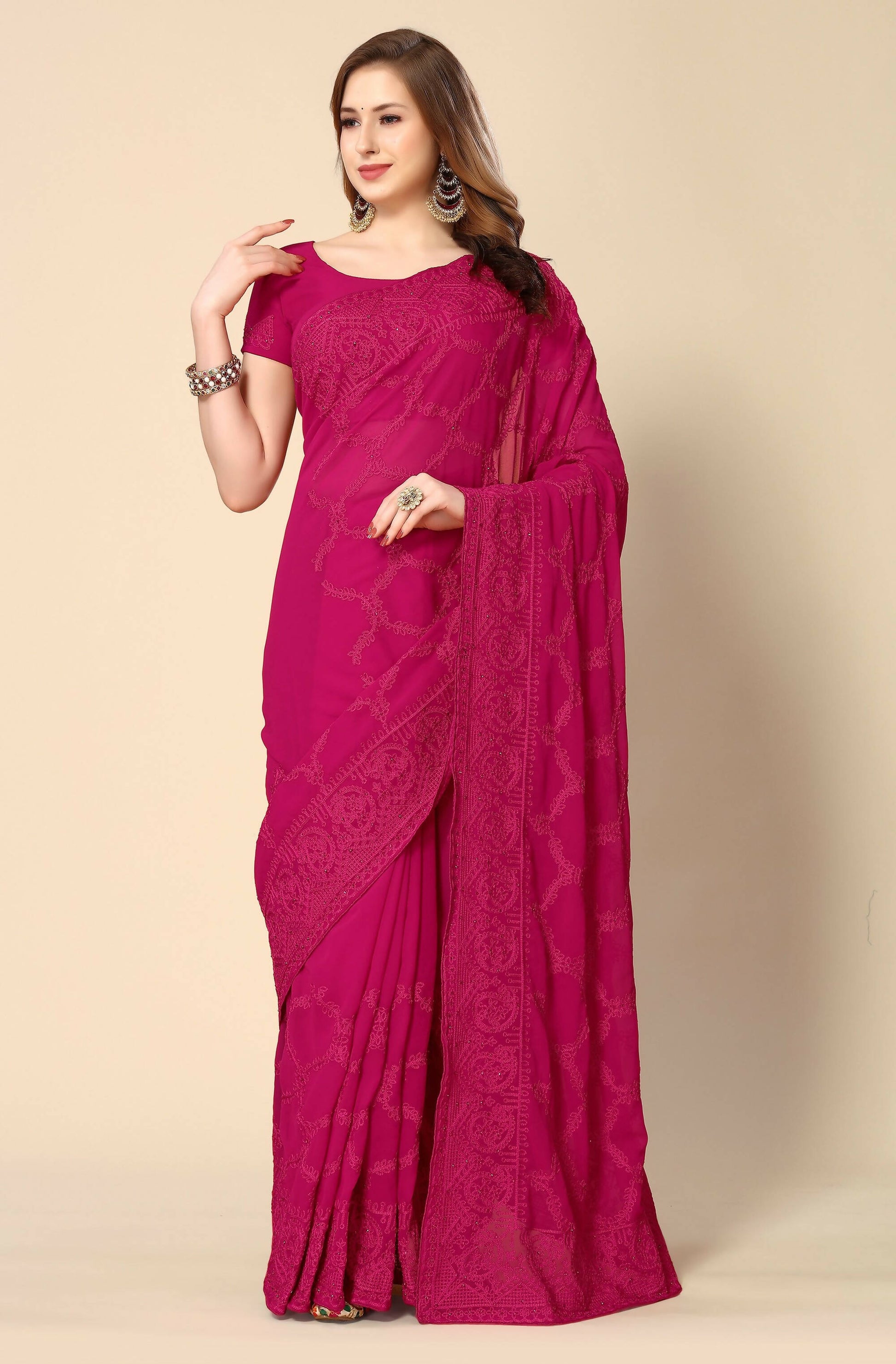 Pink Georgette Embroidered and Stone Work Saree with Unstitched Blouse Piece - Roozal