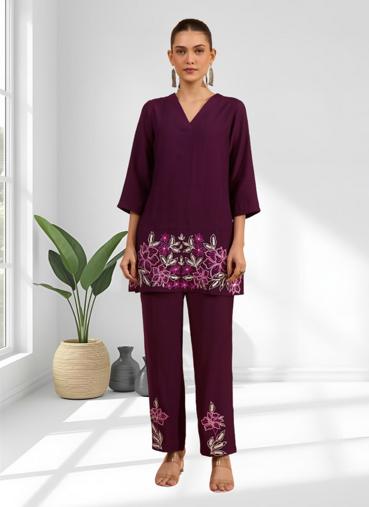 Joban Fashion Wine Silk Embroidered Readymade Cord Set