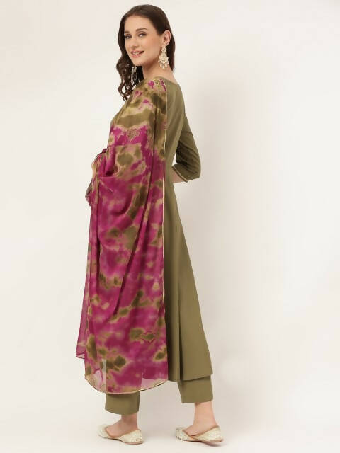 FIORRA Women's Olive Poly Crepe A-Line Kurta Pant With Dupatta 
