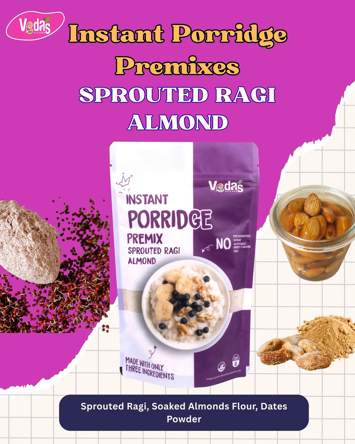 Vedas Kitchen Sprouted Ragi Almond Instant Porridge  Grab2Buy Vedas Kitchen Grab2Buy