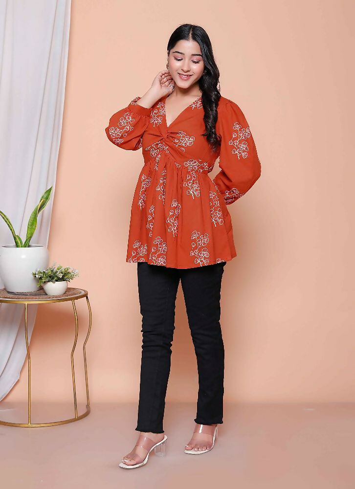 Miravan Womens Rust Floral Printed Balloon Sleeves V Neck Butterfly Top