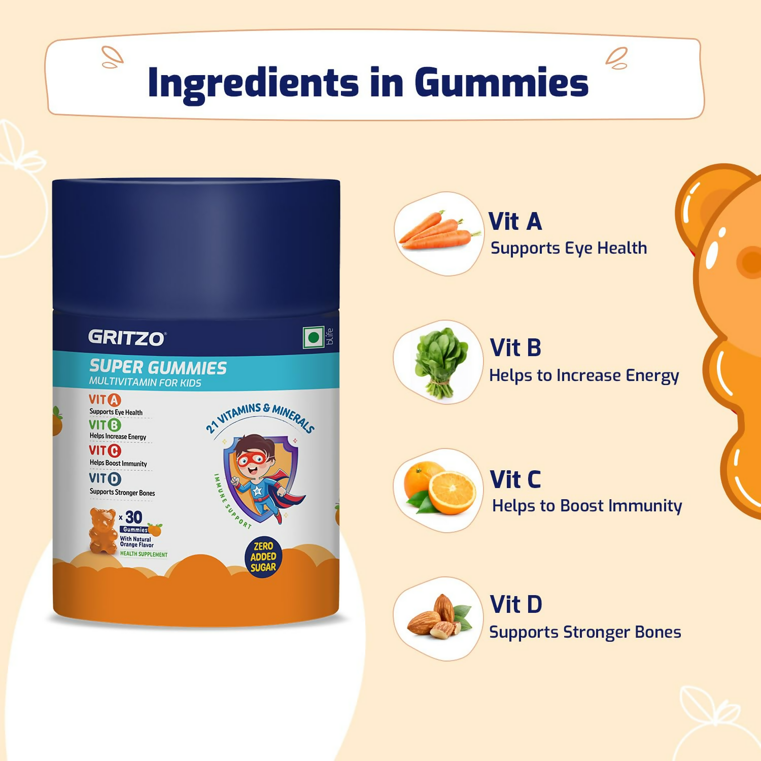 Gritzo Super Gummies, Multivitamin for Kids (Natural Strawberry & Natural Orange Flavours)