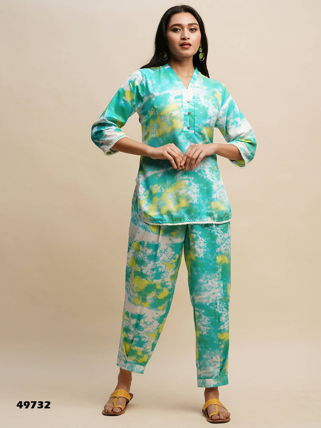 Sky Blue Poly Rayon Tie and dye Printed Top with Matching Trouser - Shivani