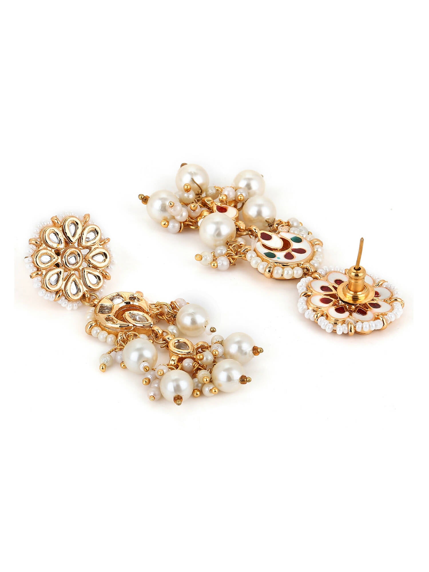 Gold-Toned White Pearl Beaded Contemporary Gold-Plated Jhumkas Earrings - Ruby Raang - Grab2buy