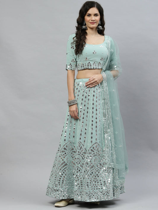 Pista Green Georgette Paper Mirror Embroidery Work Lehenga Choli with Dupatta - Jivika