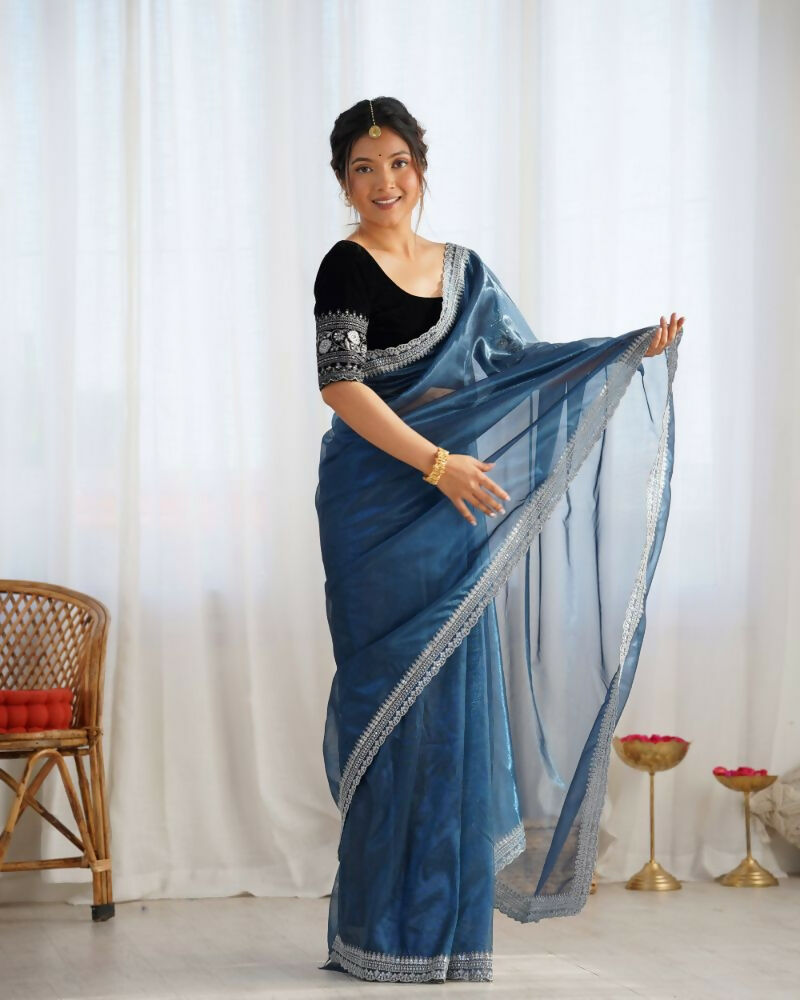 Attrctive Looking Gold Jari, Sequance Embroidery Work Twill Net Party Wear Saree - Teal